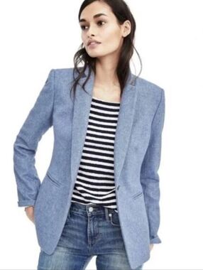 BANANA REPUBLIC Blue Flannel Italian Wool Blend Blazer Spring Office Sz 4 PETITE